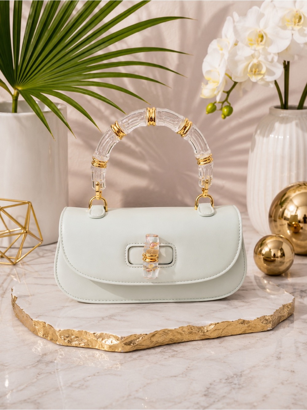 Mint Green Bag with Clear Acrylic Bamboo & Gold Trim Handle + Crossbody Strap